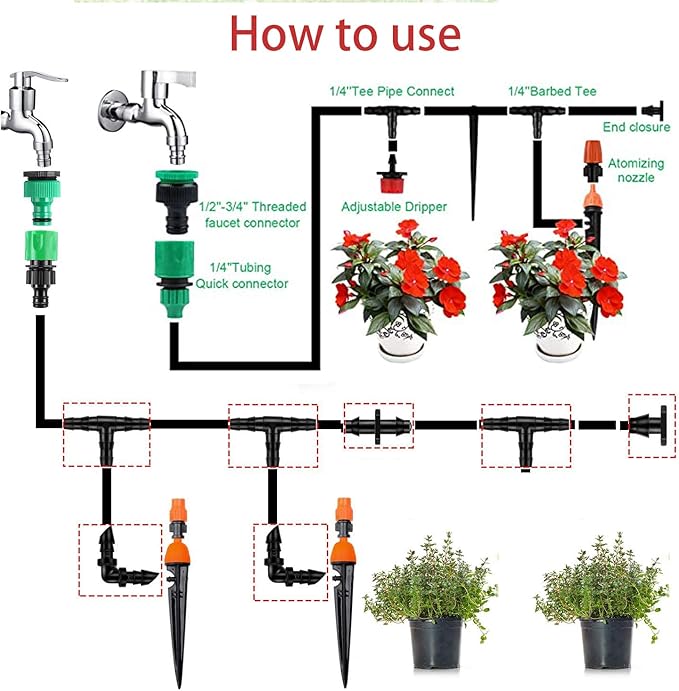 HOINCO 300Pcs Barbed Connectors Irrigation Fittings Kit, Drip Irrigation Barbed Connectors for 1/4 Inch Tube, for Flower Pot Garden Lawn (Elbows, End Plug, Straight Barbs, Tees, 4-Way Coupling)
