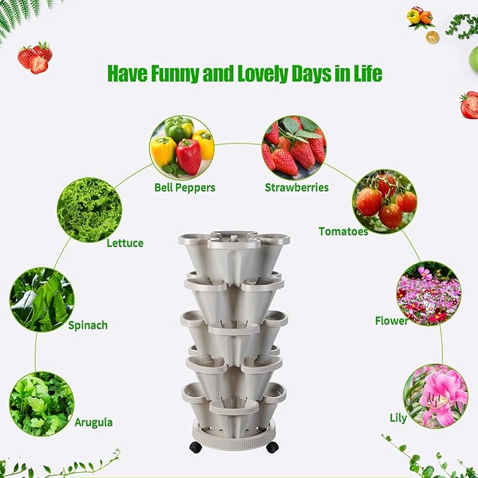 Strawberry Vertical Planter GardenTower, 5 Tiered Stackable Planter with Support Pole, Stacking Herb Vegetable Planters Indoor and Outdoor - Light Grey