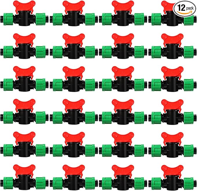 Drip Irrigation Shut off Valve 1/2 Inch Universal Drip Irrigation Tubing Coupling Valve Connector Locking Fitting Compatible with 16 to 17 mm Drip Tape Tubing Sprinkler System (12 Pieces)