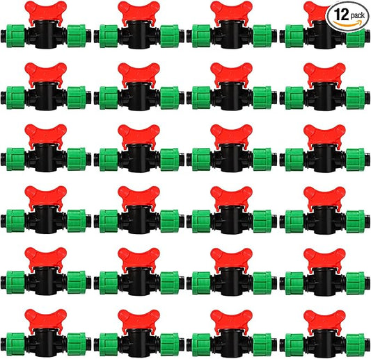 Drip Irrigation Shut off Valve 1/2 Inch Universal Drip Irrigation Tubing Coupling Valve Connector Locking Fitting Compatible with 16 to 17 mm Drip Tape Tubing Sprinkler System (12 Pieces)