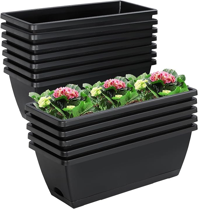 12Pcs 17Inches Rectangle Planter Box with Drainage Holes and Trays Plastic Planters Flower Boxes Pots for Indoor Outdoor Plants Patio Garden Home Decor Porch Yard (Black)