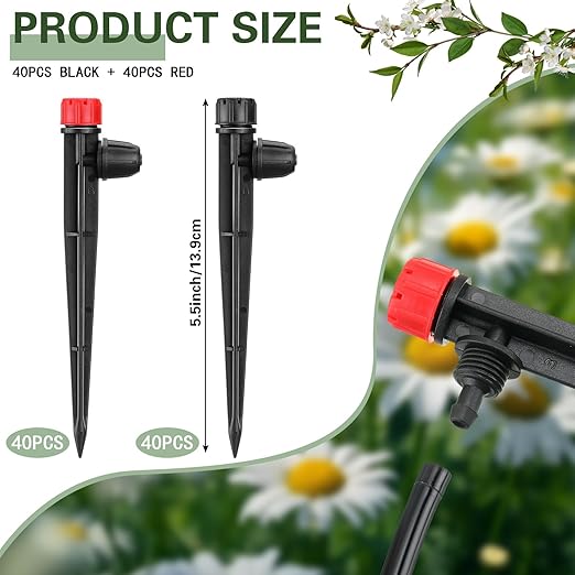 80 Pcs Drip Irrigation Emitters with Adjustable 360 Degree Water Flow Drippers for 1/4 Drip Tubing Sprayer on 5.5 Arrow Stake for Garden Irrigation System(Red, Black,Eight Hole Nozzle)