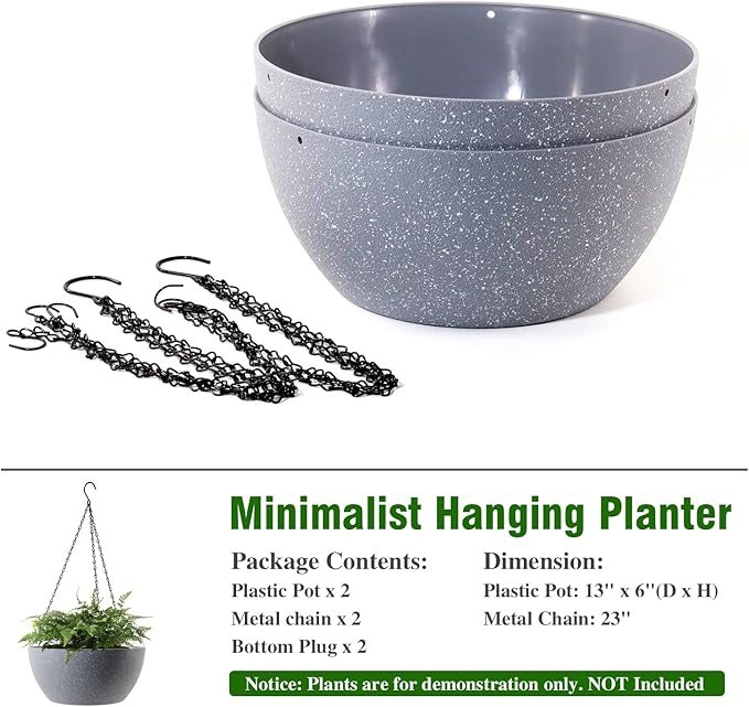 13 inch Large Hanging Planters Plant Pots for Outdoor Indoor Plants with Drainage Holes and Chain, 2 Pack Round Hanging Flower Pots for Garden Home Porch Decor, Speckled Grey