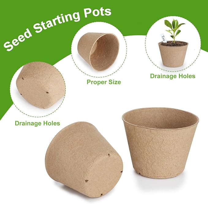 130 Pcs Organic Peat Pots, 4 Inch Nursery Pot Set, Round Plant Seedling Pots with Drainage Holes, Small Seed Starting Starter Tray Bulk, Garden Germination Container with 130 Plant Labels