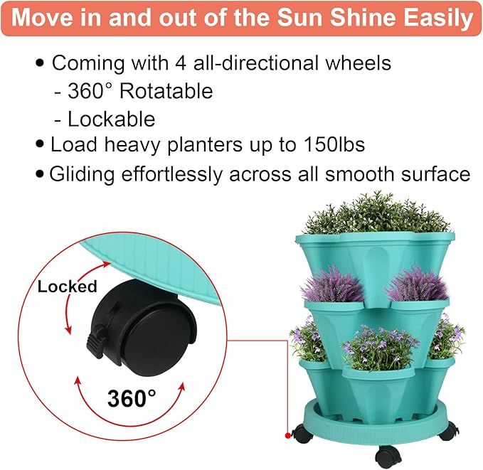 Vertical Planter 3 Tier Stackable Planters Garden Planters Strawberry Herb Flower and Vegetable Planter Indoor Outdoor Gardening Pots with Removable Wheels and Tools