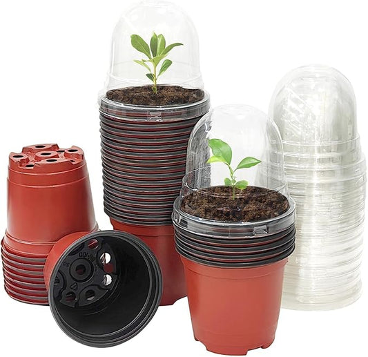 Plant Nursery Pots with Humidity Domes, 50 Sets 4 Inch Soft Nursery Pots Quality Ones (50 Red Pots + 50 Clear Lids), Quality Seeds Starting with Cover