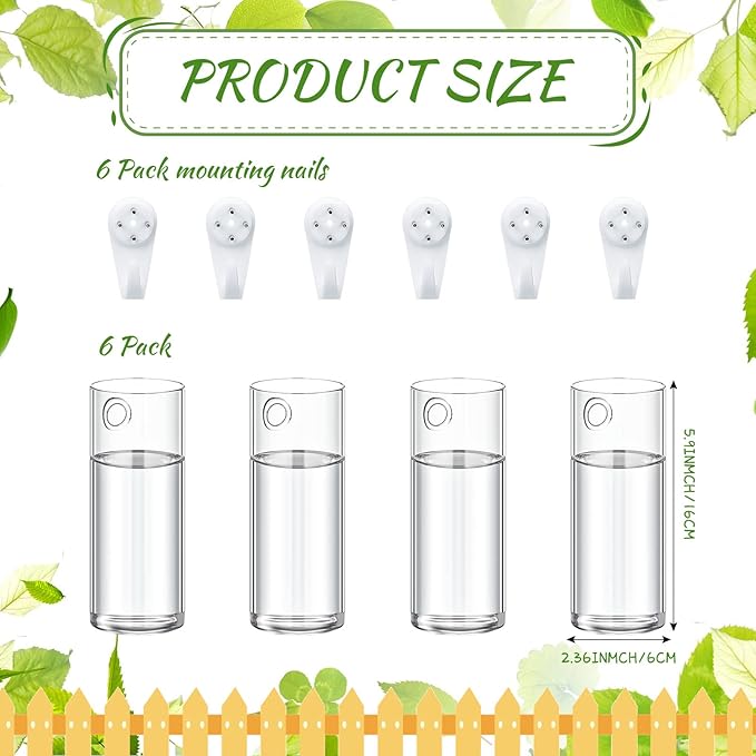 Baderke 6 Pcs Glass Wall Vase for Plants Indoor Hanging Propagation Planter Container Holder with Plastic Invisible Traceless Hangers Hydroponic Plant Succulent Garden Wedding Decor