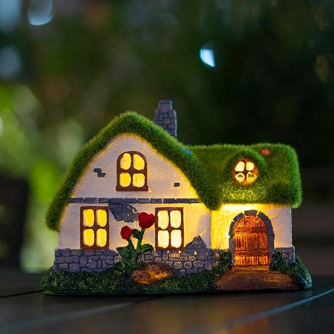Solar Fairy House Garden Statue with Flocked Decor - Outdoor Garden Cottage Figurine with Lights, Figurine for Outdoor Patio Lawn Porch Garden Decorations