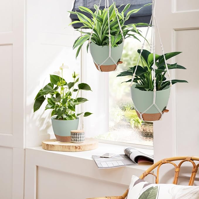 41.5 Inch Macrame Plant Hanger Indoor Outdoor with 12 Inch Flower Pot, Hanging Planter for Plants Holder with Wood Beads for Boho Home Decor (Ivory+Green)