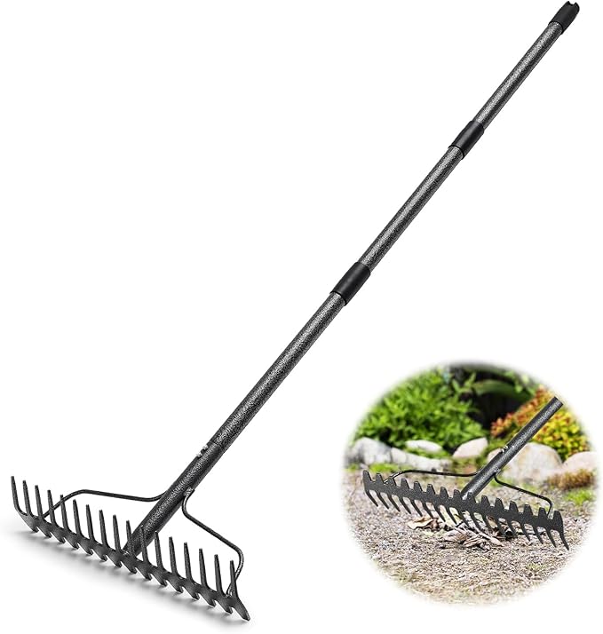 Garden Rake, 5FT Bow Rake Heavy Duty Leveling Rake with Adjustable Handle, 17 Tines Wide Head Metal Thatch Rake for Gardening Leaves Lawn Yard Mulch Rake