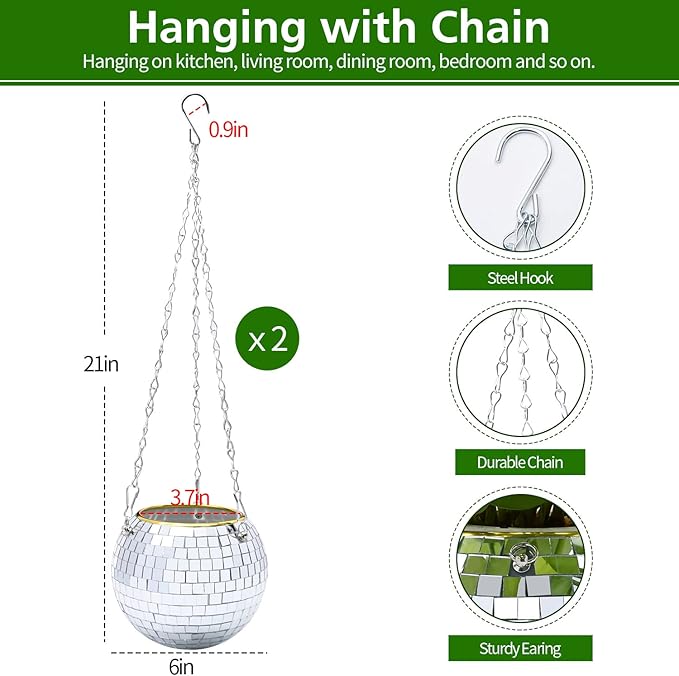 Disco Ball Planter, 2pcs 6" Silver Disco Ball Planter, Disco Ball Plant Hanger with Hanging Rope, Hanging Chain, Hook, Circle and Extra Mirror Pieces (6" Silver, 2pcs)
