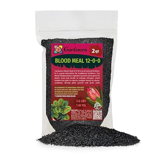 Premium 12-0-0 Organic Blood Meal Fertilizer by Gardenera - All-Natural Plant Food Source of Nitrogen for Organic Gardening, Flowers, Vegetables, Trees & Shrubs - 2 Quart