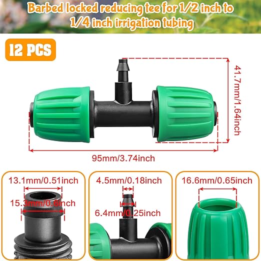 12 Pack Drip Irrigation Fittings for 1/2 Inch to 1/4 Inch Tubing Reducing Tee：1/2" (1/2" ID x 0.65" OD) to 1/4" Drip Line Anti-drop Locked Nut Barbed Reducer Tee Connectors