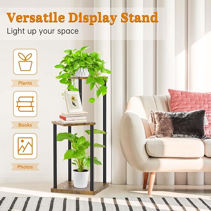 3 Tier Plant Stands Indoor, Metal Wood Tiered Corner Plant Stand Pot Holder, Wood Flower Shelf Display Rack for Living Room Bedroom Outdoor Balcony Garden Patio, Black