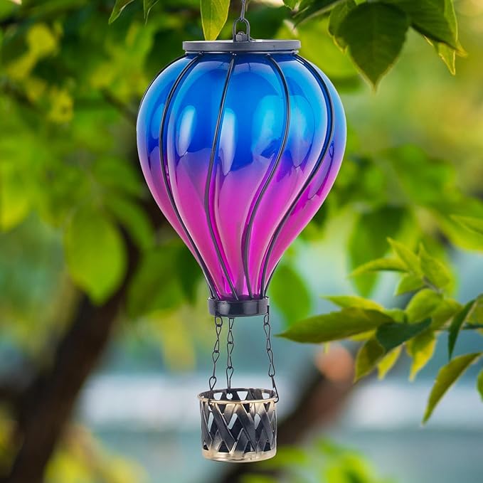 Starsoul Glass Hot Air Balloon Solar Lantern with Flickering Flame Light Blue & Purple Solar Powered Hot Air Balloon Lamp Waterproof Hanging Solar Lantern for Garden Yard Patio Porch Decor