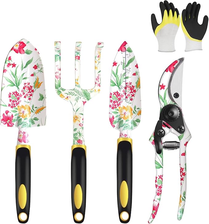 Garden Tools Set, Aluminum Alloy Garden Hand Tool 5 Piece Gardening Tools with Hand Rake, Hand Weeder, Transplant Trowel, Pruning Shears and Gardening Gloves for Outdoor Gardening Work