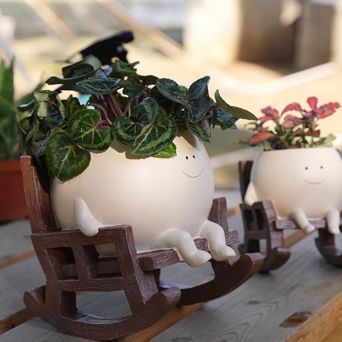 Smily Face Planter Pot Cute Resin Flower Head Planters for Indoor Outdoor Plants Unique Sitting Rocking Chairs Succulent Pots for String of Pearls Plant Live Gift Ideals with Drainage Hole