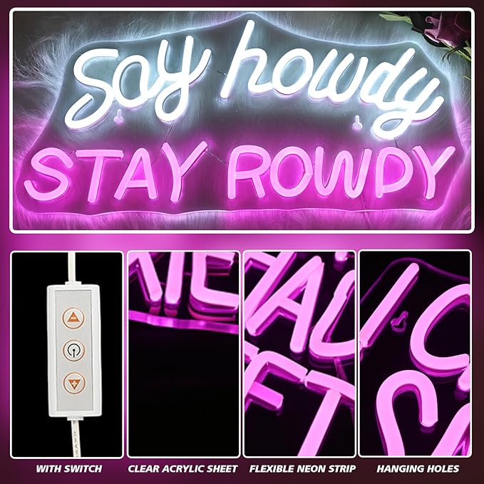 Say Howdy Stay Rowdy Neon Sign Wall Decor, Dimmable Neon Light For Man Cave Pub Beer Bar Bedroom Recreation Room Gift