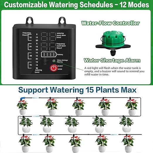Solar Automatic Watering System Indoor Outdoor, 50Ft Plant Waterer for 15 Potted Plants, Automatic Drip Irrigation Kit with Watering Timer(12 Mode), Anti-Siphon, Solar Power & USB Rechargeable