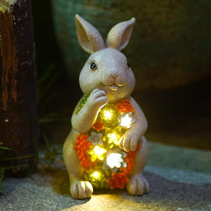 Nacome Solar Garden Outdoor Statues Bunny with Succulent and 7 LED Lights – Lawn Decor for Patio, Balcony, Yard Ornament - Unique Housewarming Gifts