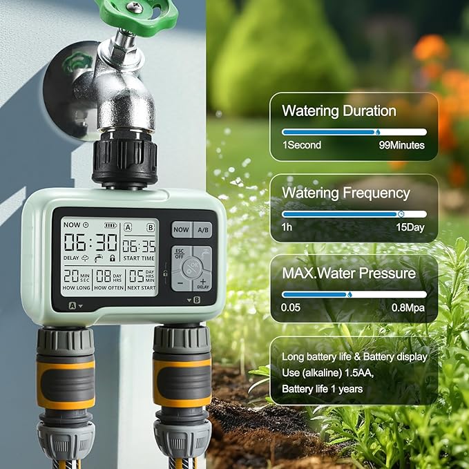 CROSOFMI Water Timer for Garden Hose,Sprinkler Timer with Rain Delay/Manual Watering/Automatic Irrigation Controller System - Water Hose Timer Programmable Faucet Timer for Yard Lawn,2 Outlet