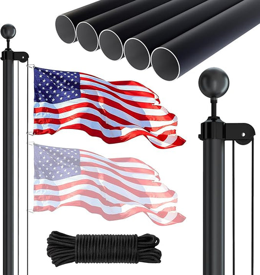 NELXINJO 20FT Sectional Flag Pole Kit, Heavy Duty Aluminum Outdoor In-Ground Flagpole, Black Ball Top, 3x5 USA Flag for Residential commercial Outdoor Garden(20FT, Black)