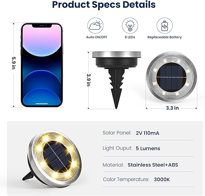 SOLPEX 2 Pack Solar Ground Lights Outdoor Waterproof, Solar Powered Pathway Lights, Landscape Lighting for Garden Walkway Driveway Backyard Decor (Warm White)