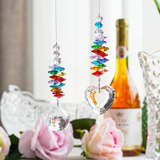 H&D HYALINE & DORA Hanging Crystal Suncatcher Rainbow Maker with Heart Prism Pendant and Crystal Prism Ball and Chakra Colored Beads,for Window Decor,Pack of 2