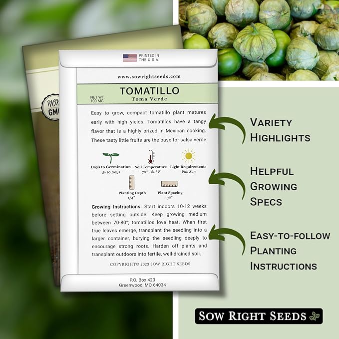 Sow Right Seeds - Toma Verde Tomatillo Seeds for Planting - Non-GMO Heirloom Packet with Instructions to Plant a Home Vegetable Garden - Mexican Husk Tomato - Ground Cherries Great for Salsa (2)