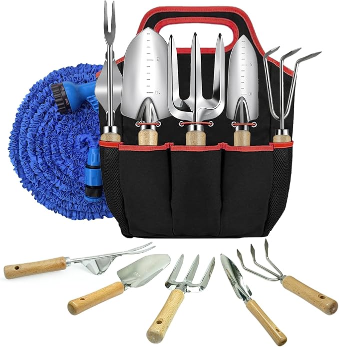 Garden Tools Set 25 Piece, Succulent Tools Set Included, Heavy Duty Stainless Steel Gardening Tools,Ergonomic Handle Tools,Storage Tote Bag,295 inch Flexible Water Pipe,Ideal Gifts for Women
