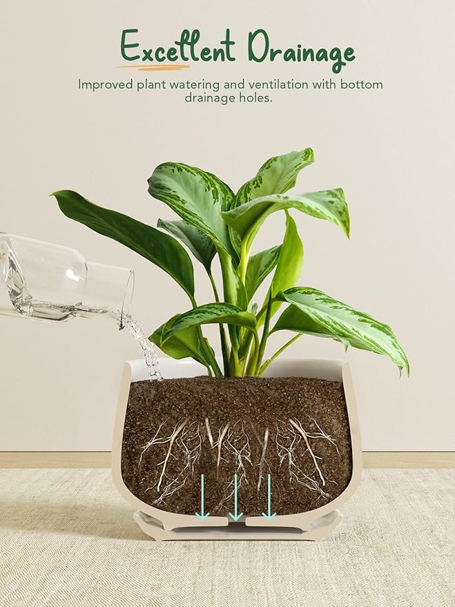 LE TAUCI Ceramic Plant Pots, 4.1+5.1+6.5 inch, Set of 3, Planters with Drainage Hole and Saucer, Indoor Flower Pot with Hole Mesh Pad, Gifts for Mom, White