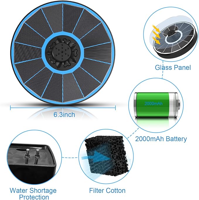 Solar Water Fountain with 2000 mAh Battery Backup Works in Cloudy, 3.5 W Glass Small Solar Fountain Pump with 7 Nozzles, Bird Bath Fountains Solar Power for Bird Bath, Hummingbird,Pond, Garden
