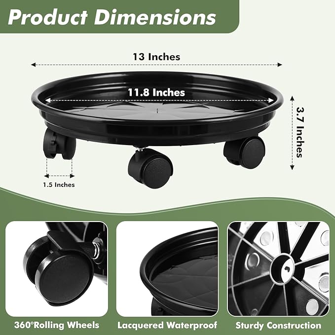 6 Packs Plant Caddy with Wheels 11.8" Plastic Rolling Plant Stands Heavy-duty Plant Dolly with Casters Indoor Outdoor Wheeled Plant Roller Base Large Planter Saucers Plant Mover, Black
