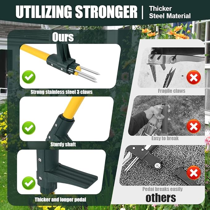 Weed Puller Tool, 50IN Long Handle 3 Claws Stand Up Weeder, Extra Thickened Stainless Steel Shaft Garden Weeding Tool,Remove the Roots of Thistles, Crabgrass, Dandelions, and Blackberries, etc.