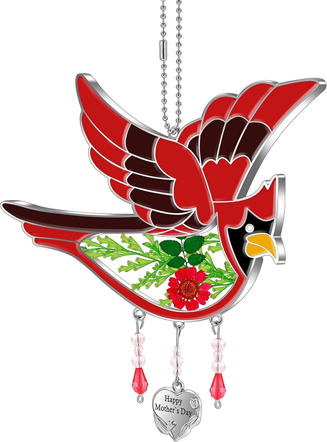 KY&BOSAM Happy Mother`s Day Cardinal Suncatcher Hand-Painted Garden Ornament Hanging Wind Chime with Pressed Flower Cardinal Embedded in Glass Gift for Mom Grandma Mother`s Day Gifts