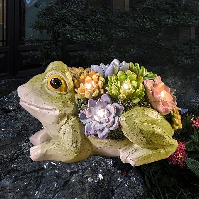 pearlstar Garden Statues, Frog Solar Statue Garden Decor Clearance, Cute Resin Frog Figurines with 7 LED Solar Lights Lawn Decorations for Patio Yard Gifts for Mom Grandma Housewarming