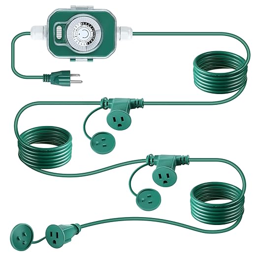 Feekoon 20 FT Extension Cord Splitter with Timer and 3 Outlet Plug, 16awg SJTW Outdoor Extension Cord with Multi Outlet Safety Cover for Holiday Lights Garden Patio Christmas Outdoor Decorations