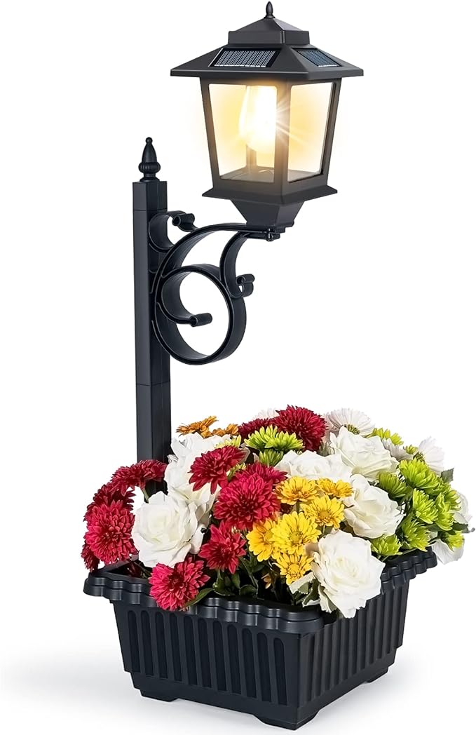 Outdoor Flower Pots 2 in 1, Outdoor Planter, Solar Lamp Post Lights Outdoor, Wall Mount or Freestanding Waterproof Solar Post Decorative Lamp for Lawn Patio Front/Back Door（Flowers not Included）
