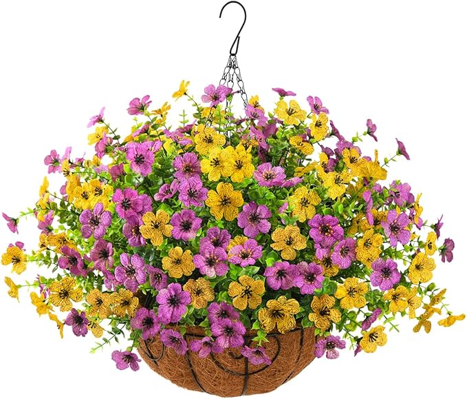 Artificial Faux Hanging Plants Flowers Basket for Spring Outdoor Decoration, Fake Silk Daisy in Planter Realistic UV Resistant Look Real for Porch Home Patio Balcony Yard(Purple Yellow)