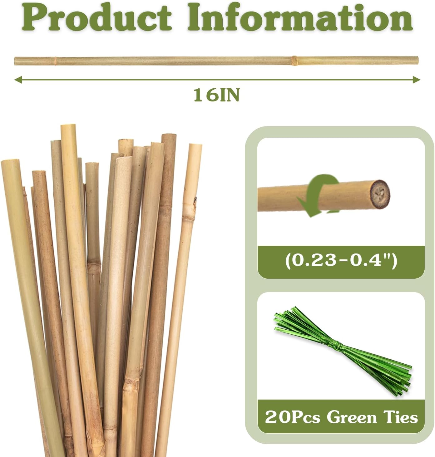 Plant Stakes 16inch, 20Pcs Natural Bamboo Sticks Garden Stakes, HAINANSTRY Plant Support Stakes for Indoor & Outdoor Plants, Orchid Tomato Vegetable Stakes for Garden