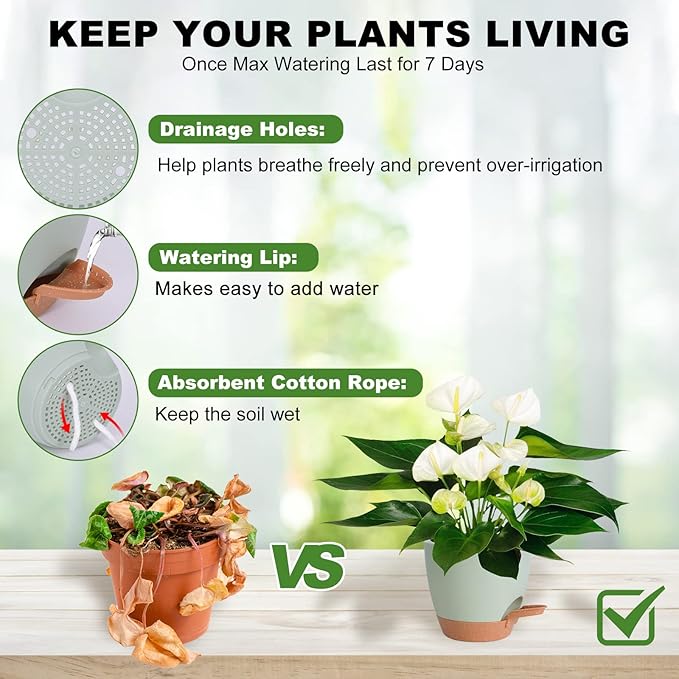 Plant Pots Indoor 7/6.5/6/5.5/5 Inch Self Watering Planters for Indoor Plants with Drainage Hole, Plastic Flower Pots for Succulents, African Violet (Green)
