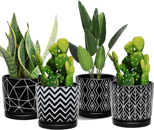 Ton Sin Flower Pots,5.5 Inch Black Ceramic Planter with Drainage Hole,Indoor Cylinder Plant Pots with Saucer,Cactus Succulent Outdoor Garden Pots Set of 4