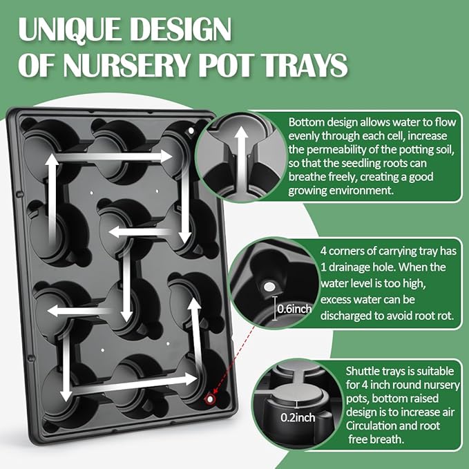 4 Inch Plastic Plant Pots 60 Pcs and 12 Cell Nursery Pots Trays 5 Pcs, Thick Sturdy Seeds Starting Germination Shuttle Carrying Trays, Black Small Planter Nursery Propagation 5 Sets