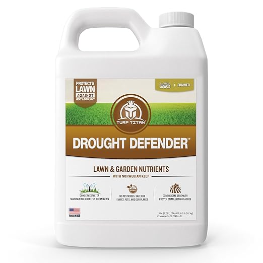 Turf Titan Drought Defender - Liquid Lawn Fertilizer Concentrate - Kelp Fertilizer for All Grass Types and Vegetables - Liquid Fertilizer for Lawns During Summer - 1 Gallon