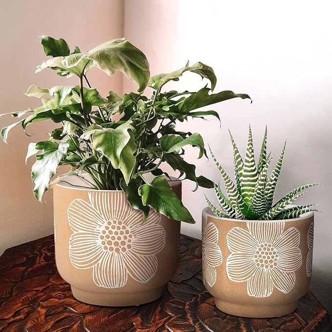 YBX 8 Inch + 6 Inch White Flower Pattern Plant Pots, Sand Glazed Ceramic Planter with Drainage Hole, Flower Pots for Indoor Plants, Tan & White