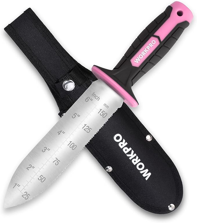 WORKPRO Hori Hori Garden Knife, 7" Stainless Steel Blade with Cutting Edge, Garden Tools with Oxford Sheath, Ergonomic TRP Handle with Hanging Hole for Weeding, Planting, Digging, Pink