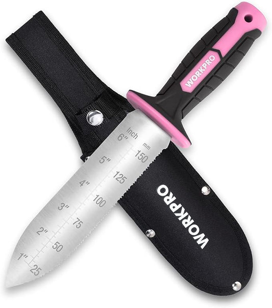 WORKPRO Hori Hori Garden Knife, 7" Stainless Steel Blade with Cutting Edge, Garden Tools with Oxford Sheath, Ergonomic TRP Handle with Hanging Hole for Weeding, Planting, Digging, Pink