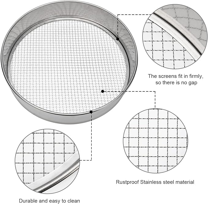 Soil Sieve Garden Potting Riddle Sieve Stainless Steel Soil Sieve Set, With 5 Interchangeable Filter Mesh Sizes 3,6,9,10,12mm and Bonus Spade