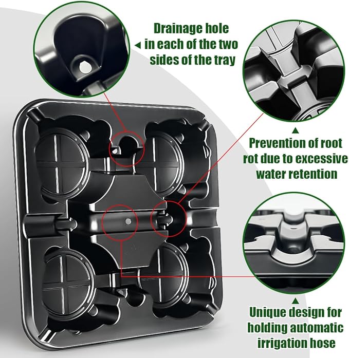 4 Cell Round Nursery Pot Tray for 5 Inch Pots, Thickened Sturdy Seedling Pot Shuttle Tray, Durable Nursery Pot Carrying Tray for Holding 5 inch Plastic Plant Pots (12.6" Square, 10-Pack)