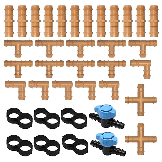 37 Pieces Drip Irrigation Fittings Kit for 1/2 Inch Tubing, Drip Irrigation Parts for Drip Sprinkler System - 12 Couplings, 9 Tees, 6 Elbows, 6 Plugs, 2 Crosses, 2 Valves Drip Line Connectors